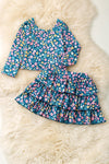 Floral printed long sleeve crop top & ruffle layered skort. OFG60156 SOL