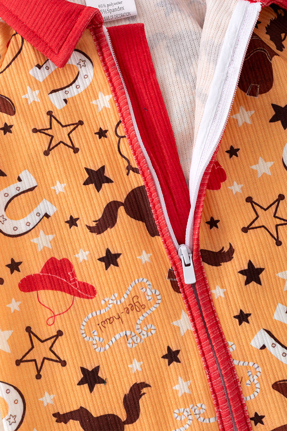 Yellow western printed boys baby romper with zipper. RPB50495 SOL