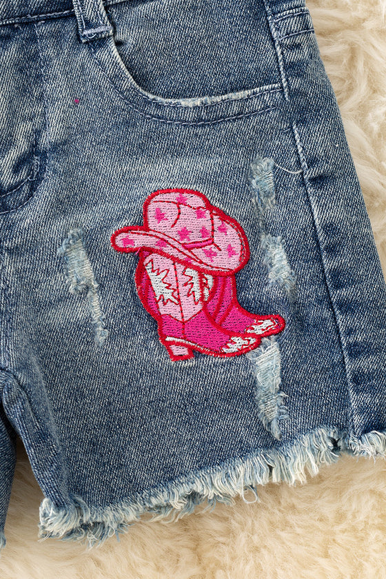 (Western) Distressed Western patch denim shorts. PNG50286 Jean