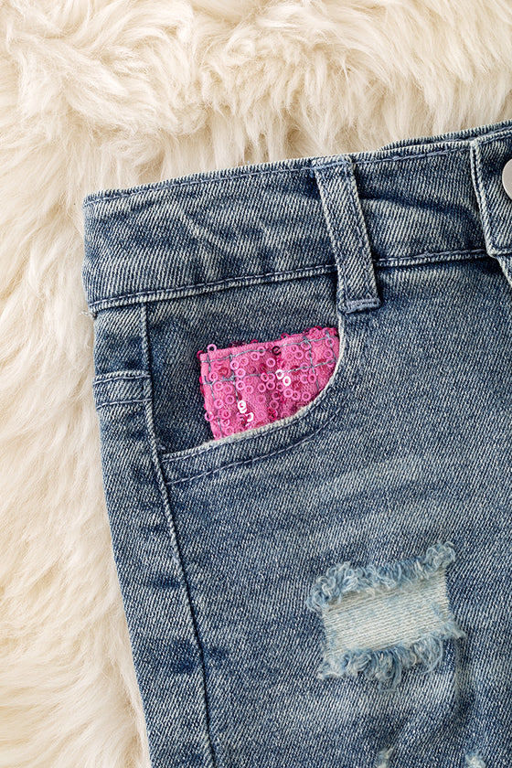 (Western) Distressed Western patch denim shorts. PNG50286 Jean