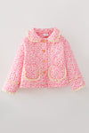 Hot Pink ditsy floral quilted jacket w/ivory lace hem. TPG60367 SOL
