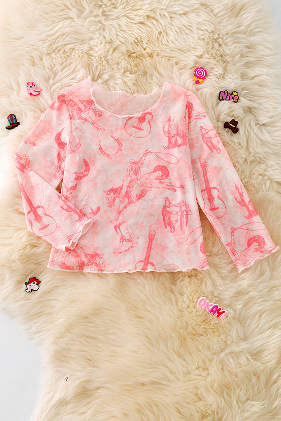 Pink cow skull, horse rider western printed mesh long sleeve top. TPG50649 JEANN