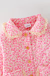 Hot Pink ditsy floral quilted jacket w/ivory lace hem. TPG60367 SOL