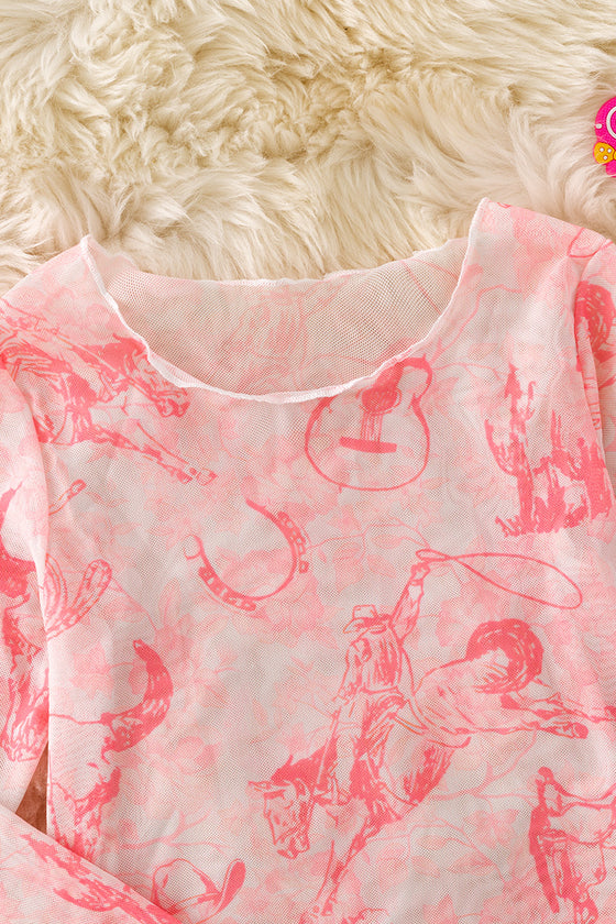 Pink cow skull, horse rider western printed mesh long sleeve top. TPG50649 JEANN