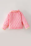 Hot Pink ditsy floral quilted jacket w/ivory lace hem. TPG60367 SOL