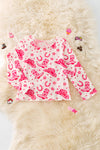 Pink western hat & cowgirl boot printed mesh long sleeve top.  TPG50648 Sol