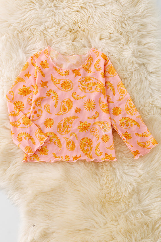 Pink western paisley printed mesh long sleeve top. TPG50651 SOL
