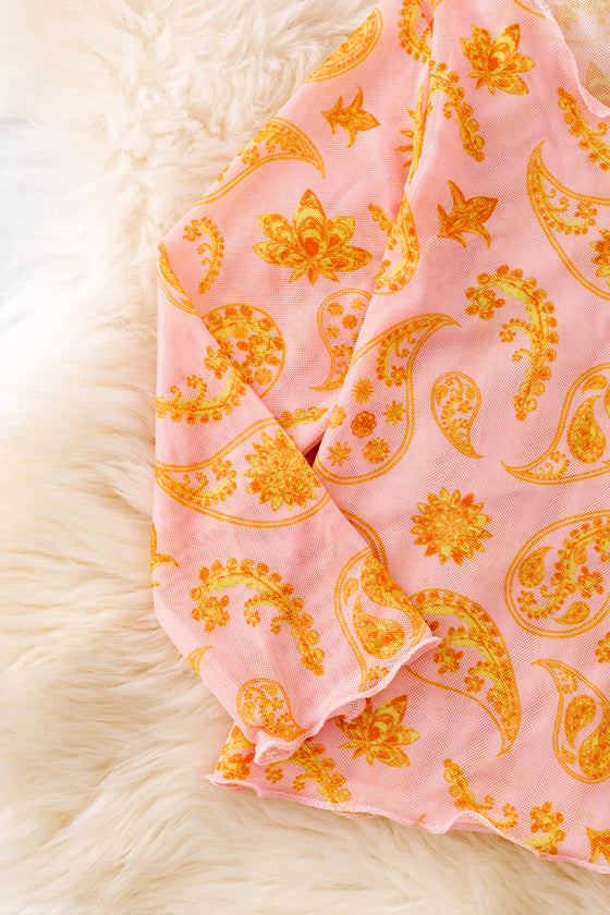 Pink western paisley printed mesh long sleeve top. TPG50651 SOL