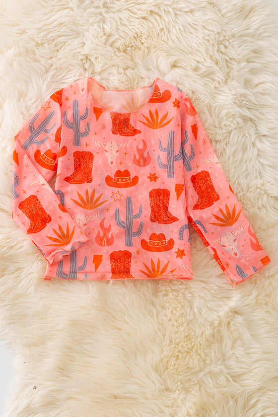 cute orange western printed mesh long sleeve top. TPG50650 AMY