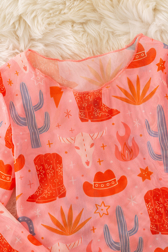cute orange western printed mesh long sleeve top. TPG50650 AMY