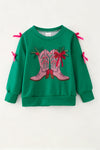 Cowboy western boots on green top with bow detail on sleeves. TPG60475 Mon
