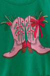 Cowboy western boots on green top with bow detail on sleeves. TPG60475 Mon