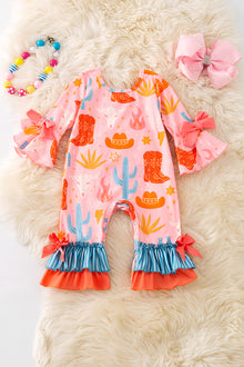  Pink & Orange western printed baby romper w/ruffle hem. RPG51317 AMY