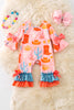 Pink & Orange western printed baby romper w/ruffle hem. RPG51317 AMY