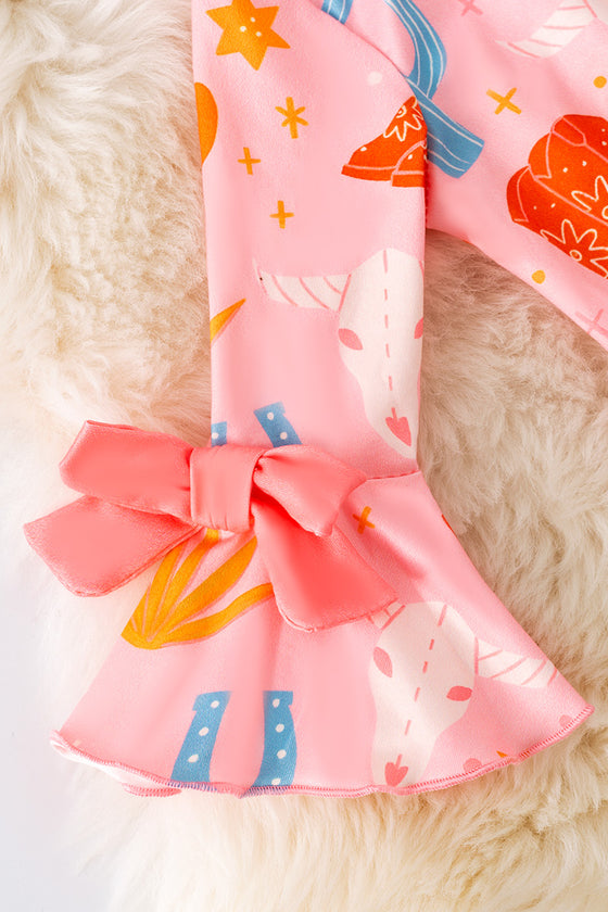 Pink & Orange western printed baby romper w/ruffle hem. RPG51317 AMY