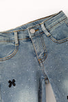 Rhinestones & bow printed straight cut denim pants. PNG60326 JEAN
