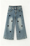Rhinestones & bow printed straight cut denim pants. PNG60326 JEAN