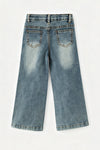 Rhinestones & bow printed straight cut denim pants. PNG60326 JEAN