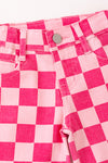 Fuchsia & light pink checkered printed denim pants. PNG60321 SOL