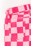 Fuchsia & light pink checkered printed denim pants. PNG60321 SOL