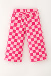 Fuchsia & light pink checkered printed denim pants. PNG60321 SOL