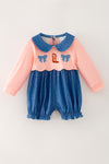 Cute western baby romper with snaps. Coral & simulated denim romper.