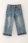 Navy blue embroidered hem denim pants. PNG60325 AMY