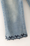 Navy blue embroidered hem denim pants. PNG60325 AMY