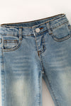 Navy blue embroidered hem denim pants. PNG60325 AMY