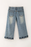 Navy blue embroidered hem denim pants. PNG60325 AMY