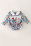 Blue ditsy floral bubble baby romper w/ size bows. RPG63796 AMY