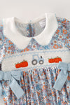 Blue ditsy floral bubble baby romper w/ size bows. RPG63796 AMY