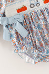 Blue ditsy floral bubble baby romper w/ size bows. RPG63796 AMY