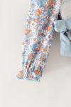 Blue ditsy floral bubble baby romper w/ size bows. RPG63796 AMY