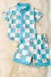Blue & white checkered western printed boys two piece set. OFB50856 JEAN
