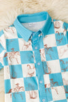 Blue & white checkered western printed boys two piece set. OFB50856 JEAN