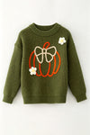 Olive green knit sweater w/ pumpkin embroidered. TPG60576 JEAN