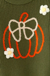 Olive green knit sweater w/ pumpkin embroidered. TPG60576 JEAN