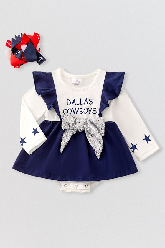 D-Cowboys printed onesie w/ sequins bow. RPG41378 NAY