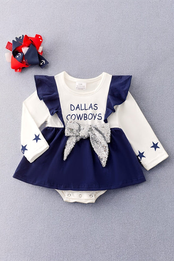 D-Cowboys printed onesie w/ sequins bow. RPG41378 NAY