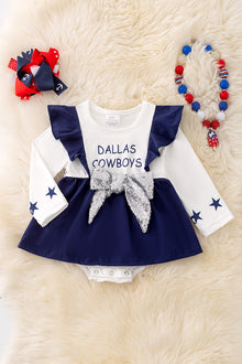  D-Cowboys printed onesie w/ sequins bow. RPG41378 NAY