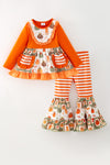 Orange tunic with printed pumpkins & stripe pockets & matching bell bottoms. OFG62383 JEAN
