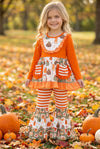 Orange tunic with printed pumpkins & stripe pockets & matching bell bottoms. OFG62383 JEAN