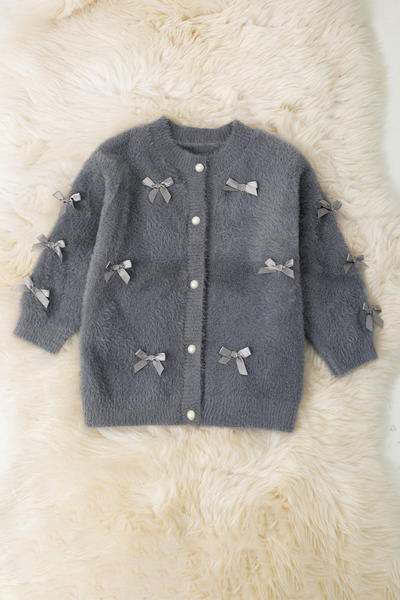 Gray button up cardigan with peal buttons. TPG52053 AMY