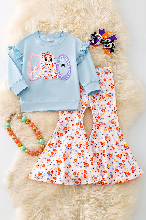 "BOO" Boo applique girls sweatshirt and floral flare bell bottoms. OFG51147 AMY