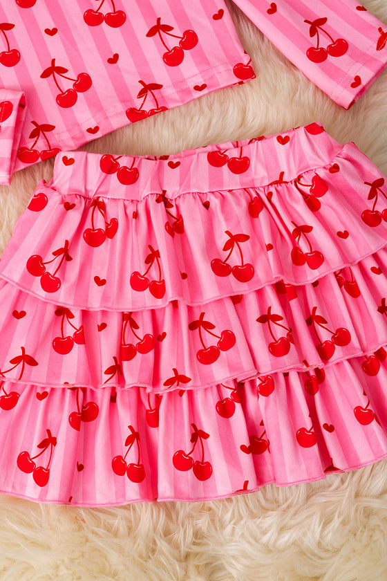 Cherry & stripe long sleeve top & skort. OFG60217 JEAN