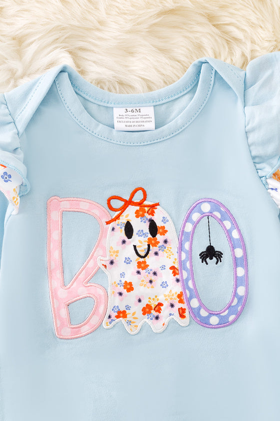 "BOO" Boo applique on Lt. Blue baby romper with floral trim. RPG51593 JEAN