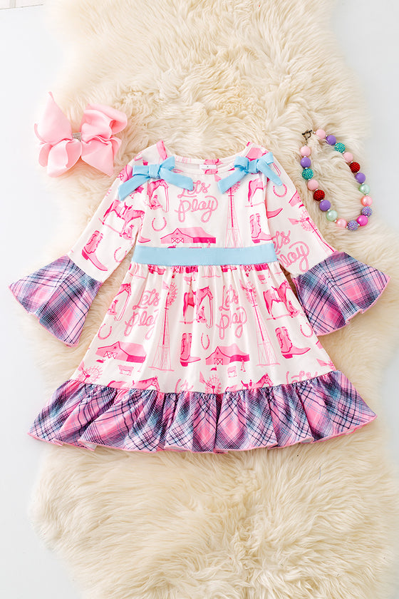 Let's Play" Western printed dress with plaid ruffle trim. DRG52620 JEAN