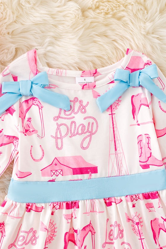 Let's Play" Western printed dress with plaid ruffle trim. DRG52620 JEAN