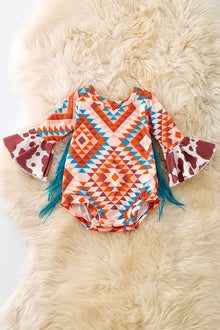  Aztec & cow printed girls baby onesie with bell sleeves. RPG51902 AMY